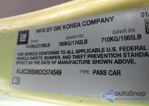 2013 Chevrolet Spark 1Lt Auto z USA, uszkodzony, nr VIN KL8CD6S96DC574549